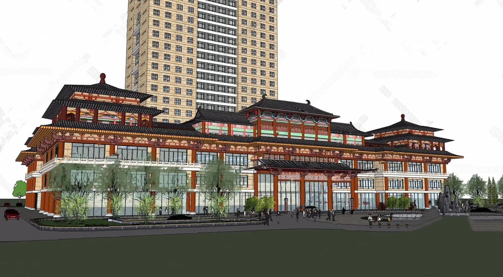 新中式风格钢结构仿古旅游度假酒店药房建筑设计cad施工图效果图