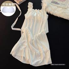韩系白色睡衣睡裙女夏季新款带胸垫吊带性款纯欲蝴蝶结甜美家居服