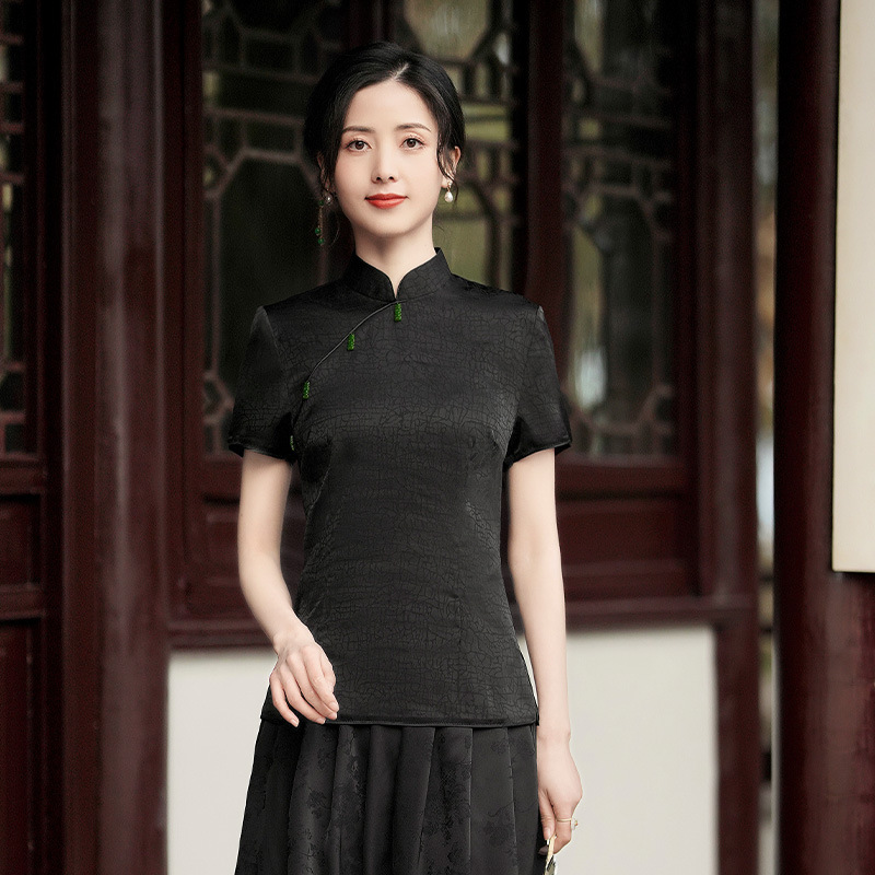旗袍短袖上衣黑色