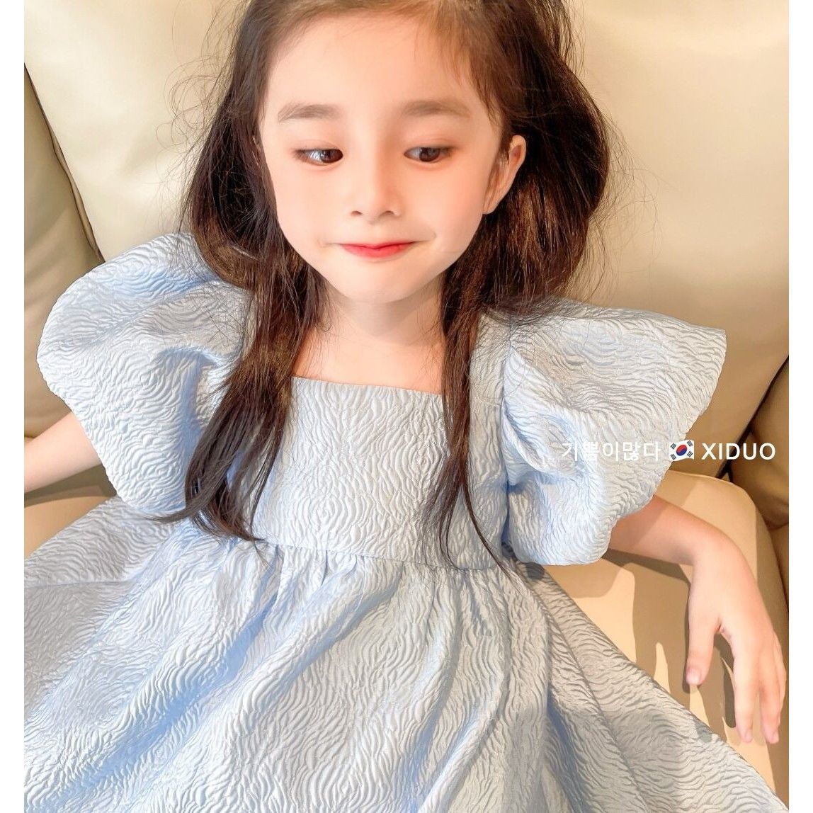 韩国2022春夏女童连衣裙洋气纯色小女孩泡泡裙后背露背系带公主裙