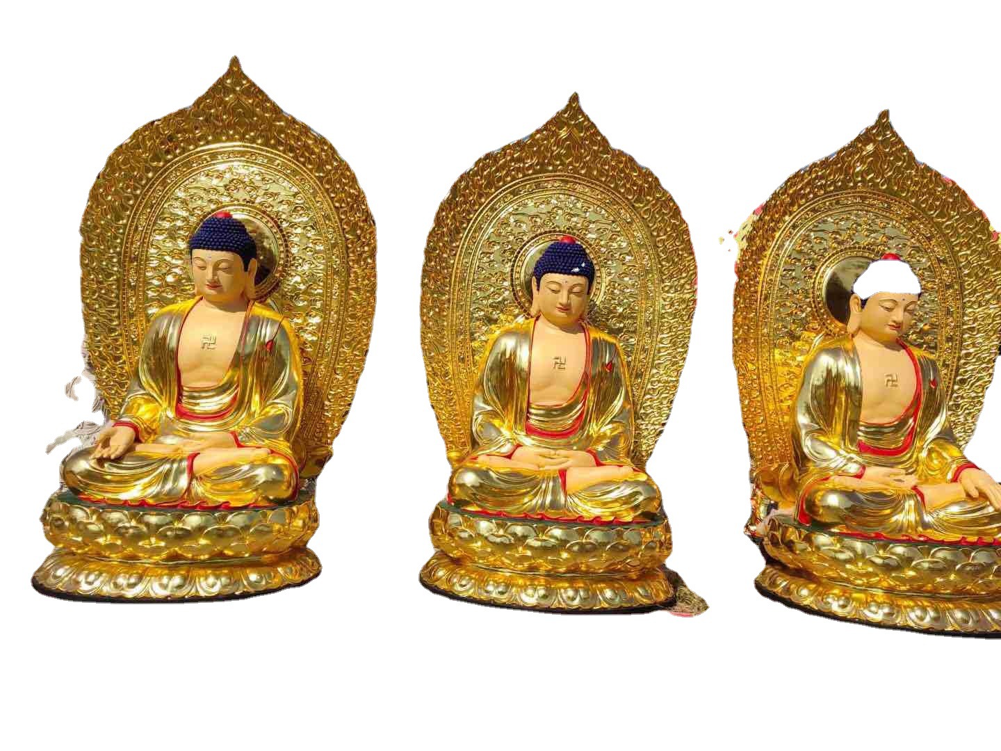 灵盛黄铜铸造佛像雕厂 琉璃西方三圣佛像 玻璃钢三宝佛贴真金