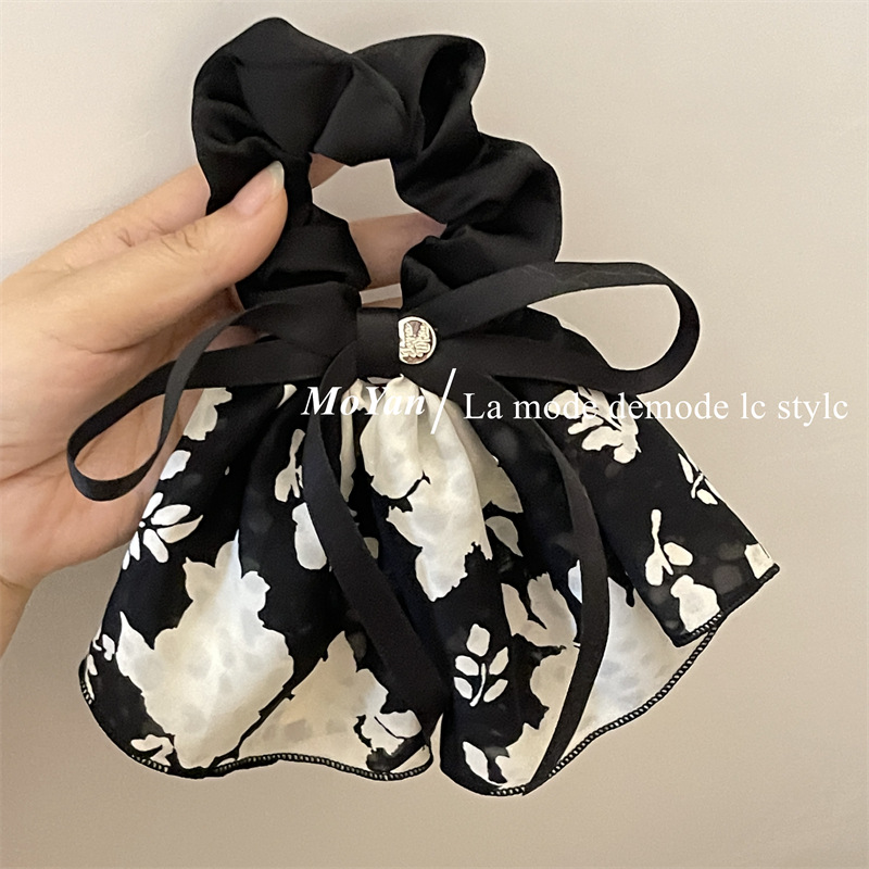 Retro Printed Bow Ink Skirt Hair Band Hair Rope Women's High-Grade Gentle Elegant Hair Rope 2023 New