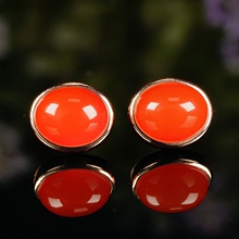 新品天然南红玛瑙耳钉s925银火焰柿子红红色玫瑰金显气质送妈妈