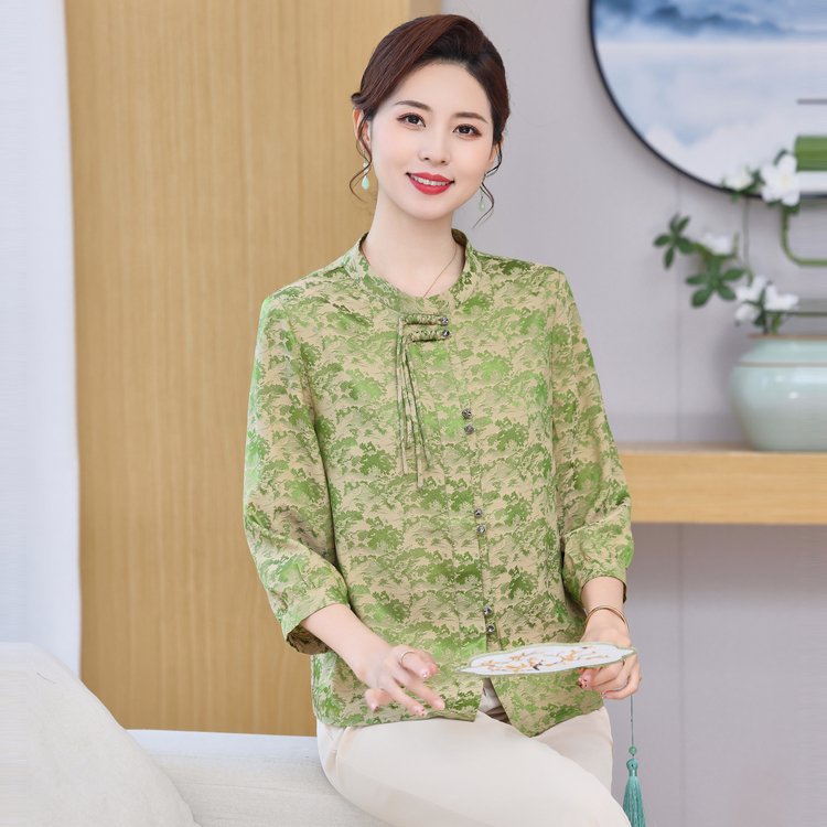 中年女士洋气小衫2024新款中老年t恤长袖新中式妈妈夏装衬衫上衣