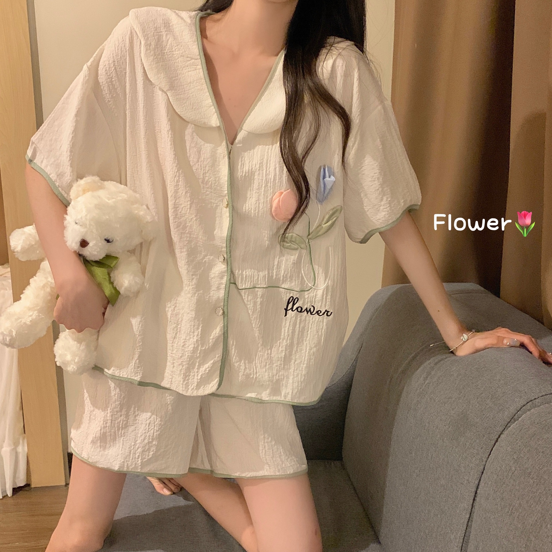 实拍夏季新款韩版睡衣女甜美可爱花朵装饰短袖短裤宽松家居服套装