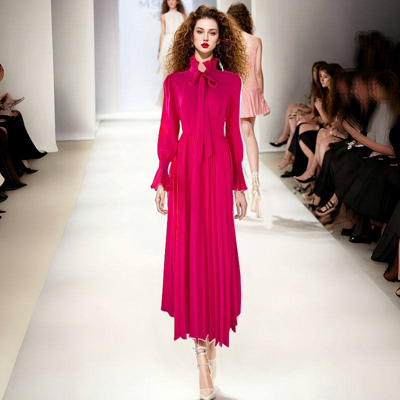 欧美裙子2024早春新款女装名媛气质赫本风玫红色高端精致连衣裙-阿里