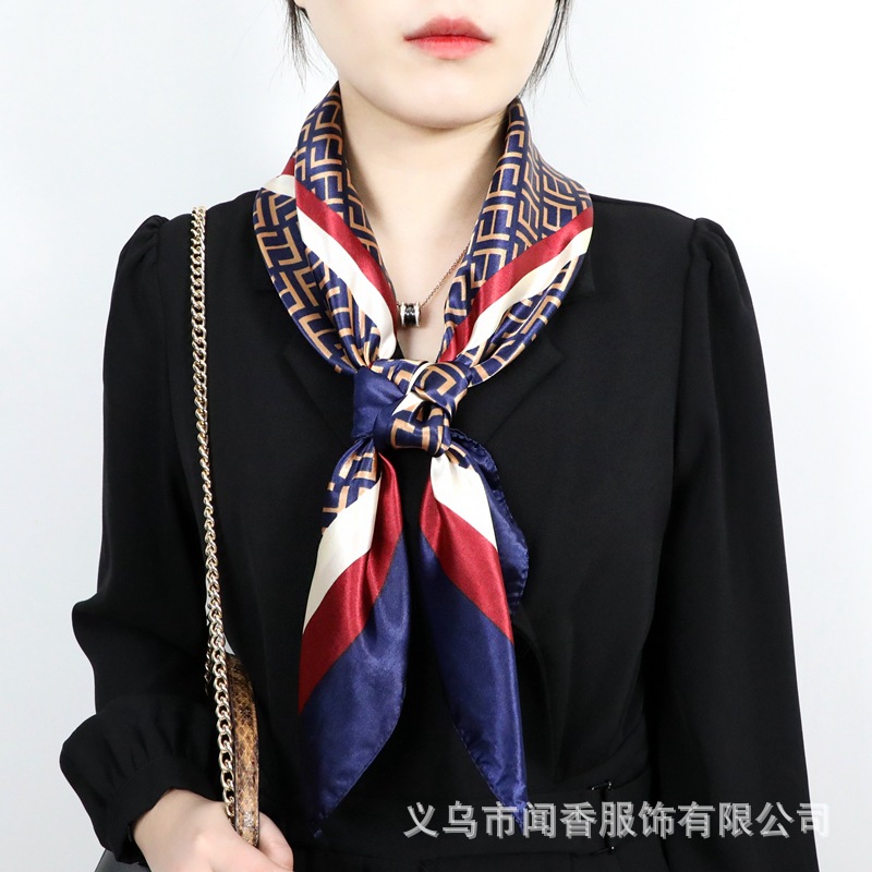 Spring New Women's Fashionable All-Match 90 Square Scarf Letter Printed Satin Scarf Windproof Neck Scarf Small Shawl