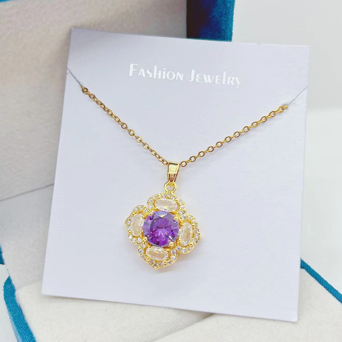 New Temperament, Fashion and All-Match Purple Clover Necklace Micro Inlaid Zircon Shiny Elegant Clavicle Chain Special-Interest Design