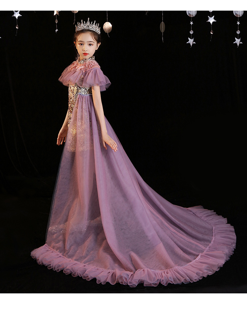 儿童礼服裙2021新款紫色拖尾高端女童主持人走秀旗袍晚礼服演出服