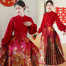 实拍新中式古典斜纹磨毛厚款一片式凤凰妆花织金刺绣马面裙套装