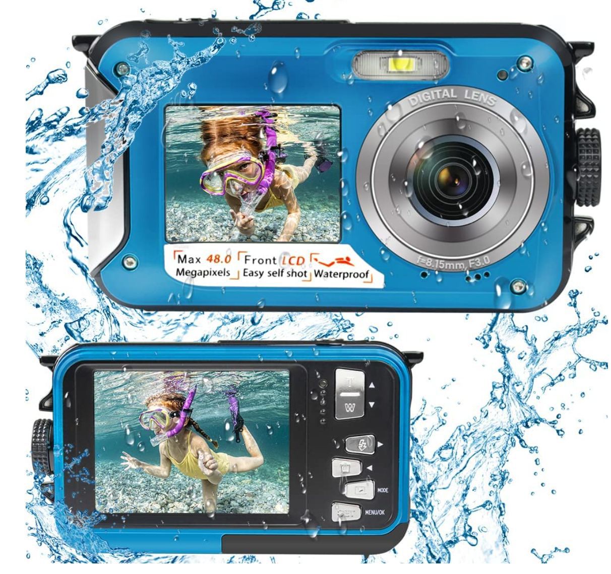 跨境电商水下摄像机全高清2.7k 48mp用于浮潜,双屏幕防水相机wp06