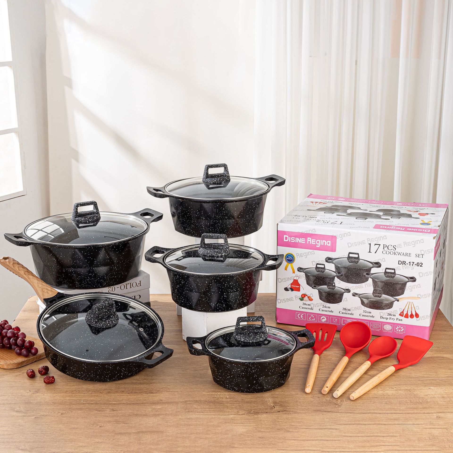 17pcscookwareset跨境批发锅具家用套件铝制套装不粘锅厨房汤锅