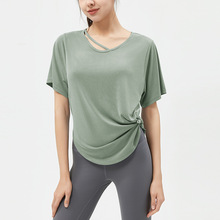 欧美纯色镂空衣领运动上衣女宽松显瘦短袖T恤透气跑步健身罩衫