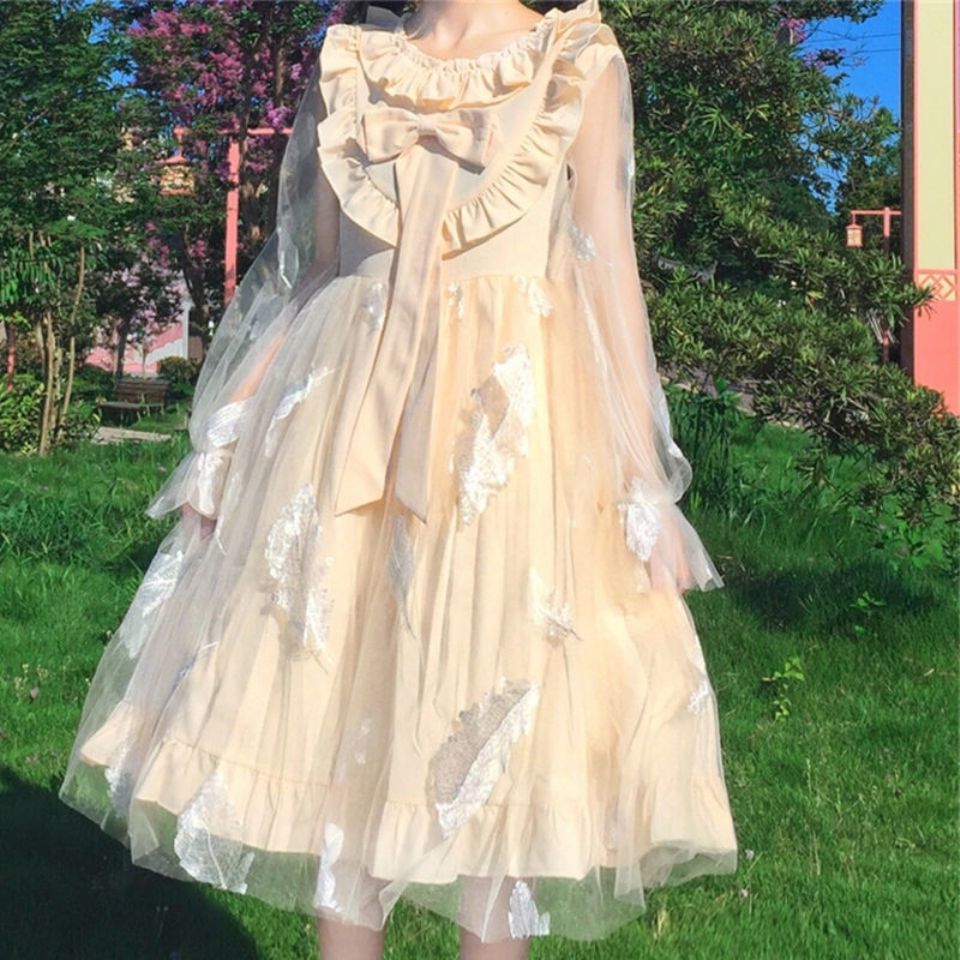 洛丽塔仙女裙子夏季日系软妹网纱蝴蝶结木耳花边羽毛连衣裙公主裙