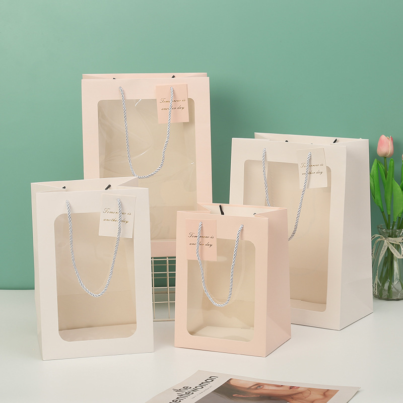 Wholesale Transparent Window Bag Flower Handbag Window Gift Bag Packaging Bag Bouquet Teacher's Day Gift Handbag