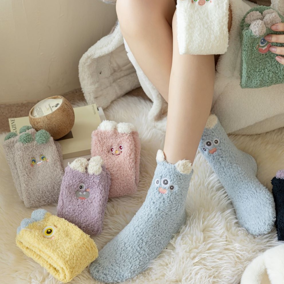 Autumn and Winter New Cartoon Three-Dimensional Ear Embroidery Small Animal Coral Cashmere Socks Home Room Socks Thickened Warm Women's Socks