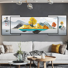 沙发背景墙挂画山水装饰画客厅大气三联画叠加晶瓷画现代装饰画