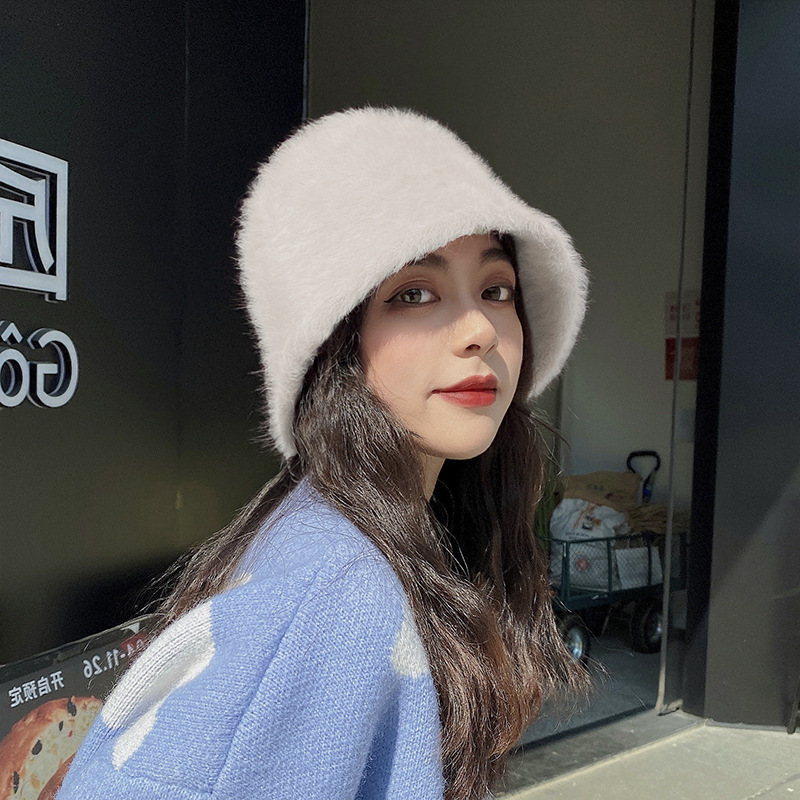 Rabbit Fur Hat Women's Autumn and Winter Versatile Fashion Bucket Hat Large Size Big Head Circumference Face-Looking Small Plush Fisherman Hat Basin Hat