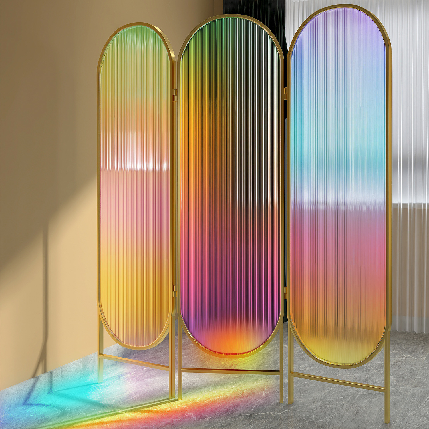 ins网红轻奢折屏北欧现代幻彩条纹玻璃屏风隔断可折叠移动免安装