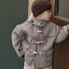 3秋冬新款韩国童装男童中小童人字纹一体绒连帽短款呢子大衣外套