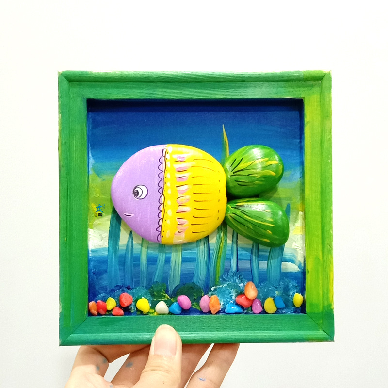 海底世界小鱼手绘石头画儿童美术手工木相框diy材料包成品幼儿园