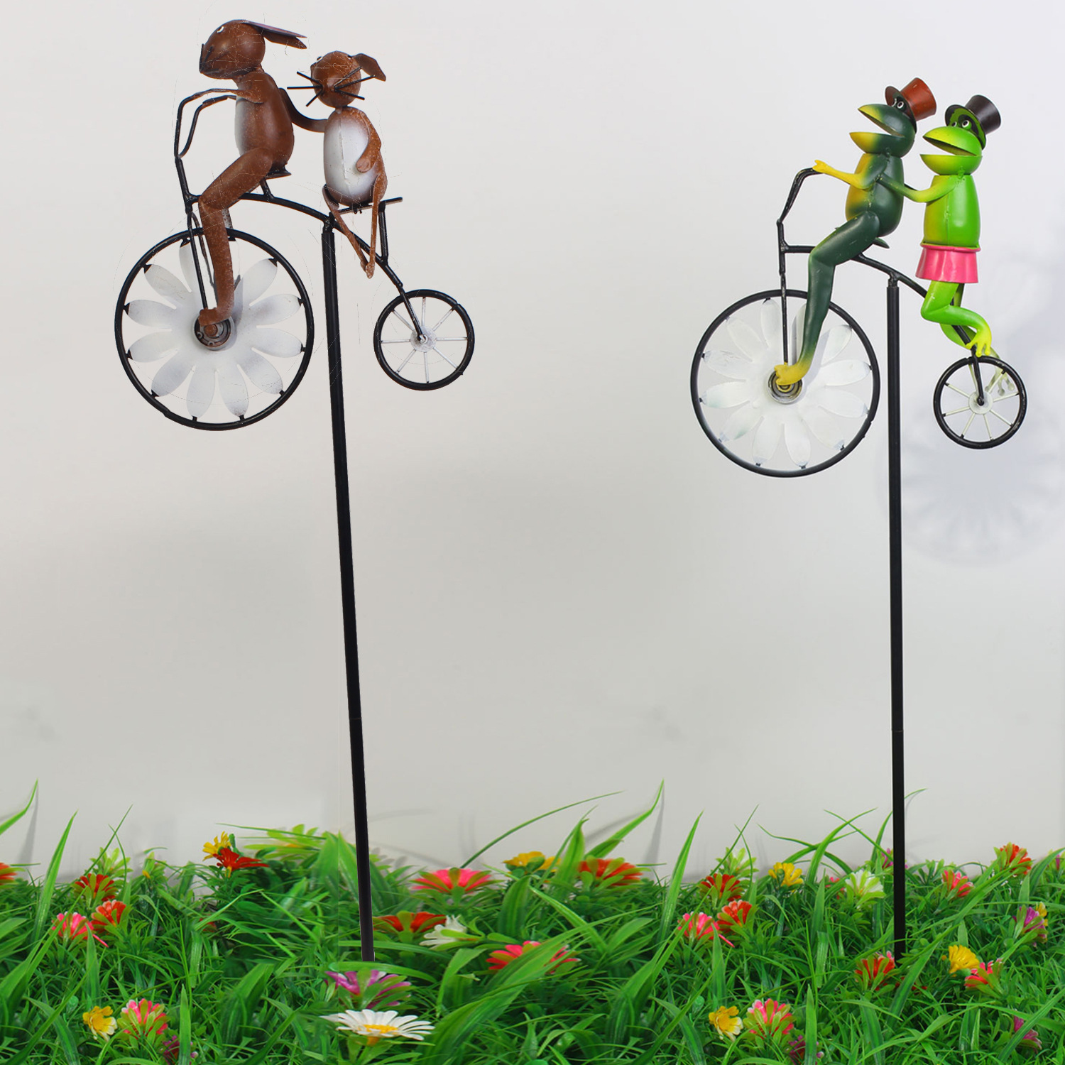 跨境新品猫和老鼠动物摩托车花园桩金属工艺品铁艺庭院风车装饰