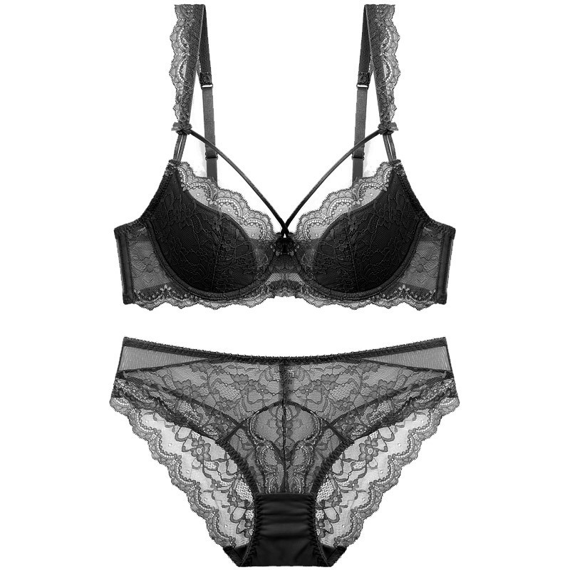 European and American Style Sexy Lace Underwear Women's Thin Cotton Big Chest Small Comfortable and Breathable Push up Large Size Bra Set Ladies