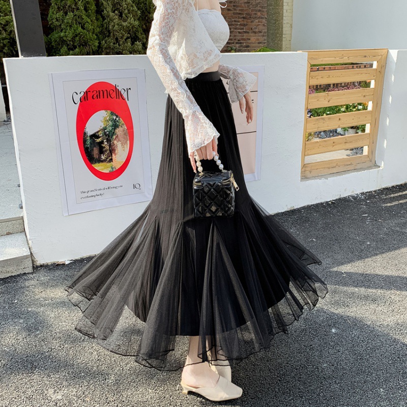 不规则网纱裙半身裙女2024新款春季中长百褶a字沙群鱼尾裙小个子