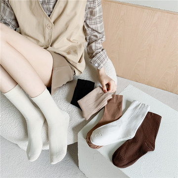 咖色系中筒纯色堆堆袜秋季新款ins潮日系糖果色袜子女棉袜长袜子