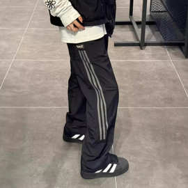 2024卡其色条纹裤子男夏季薄款洗水皱速干工装裤直筒运动休闲长裤