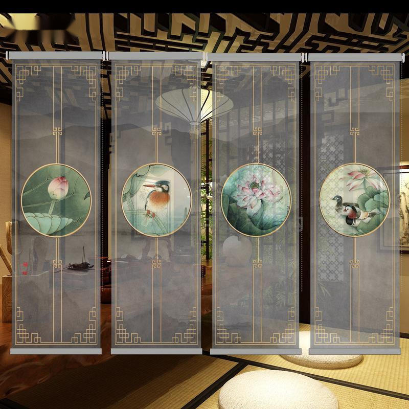 隔断屏风吊帘现代中式花鸟半透卷帘挂式窗帘酒店窗帘荷花艺术卷帘