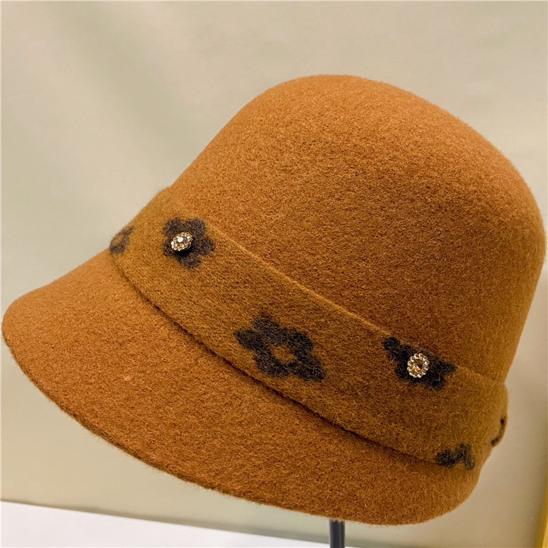 镶钻印花羊毛直筒帽秋冬女法式优雅大头围盆帽英伦经典圆顶渔夫帽