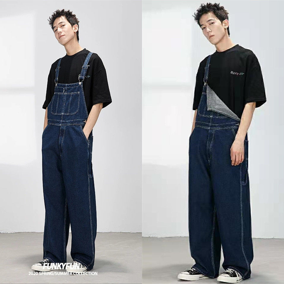 港风炸街潮流牛仔背带裤男女休闲宽松百搭大码复古连体裤工装裤子