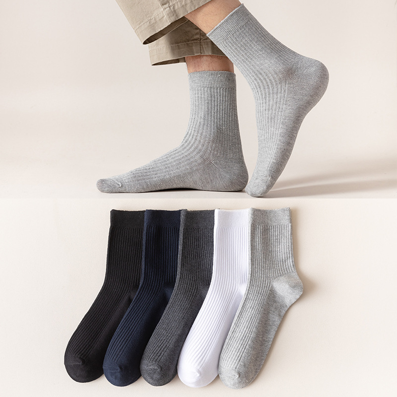 秋冬新款双针棉袜抽条中筒男士运动袜纯色竖条棉袜子商务袜子批发