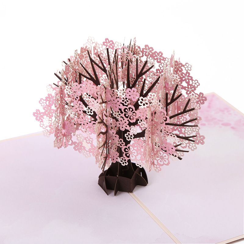 现货批发唯美浪漫樱花树立体贺卡 3d卡纸立体纸雕粉红樱花贺卡