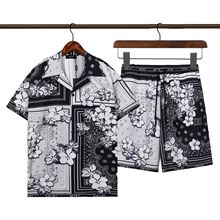 夏沙滩宽松衬衫套装 欧美数码印花拼格腰果花休闲短裤开衫套装男