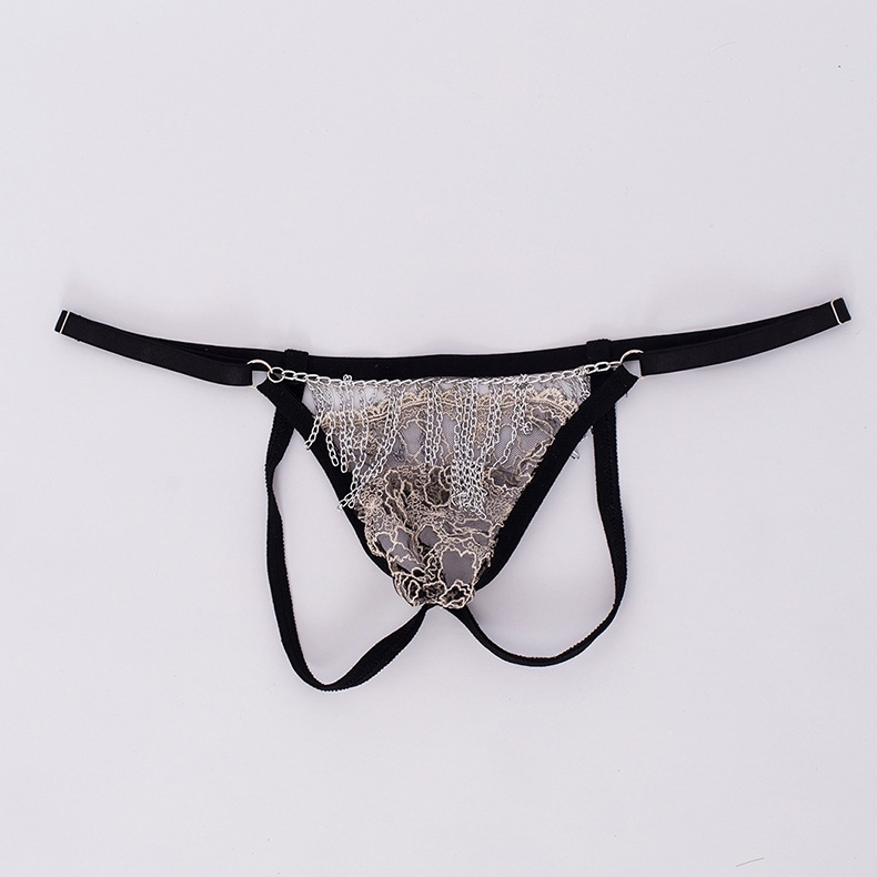 欧美跨境男士蕾丝丁字裤情趣内裤跨境外贸性感铁链内裤透明男t裤