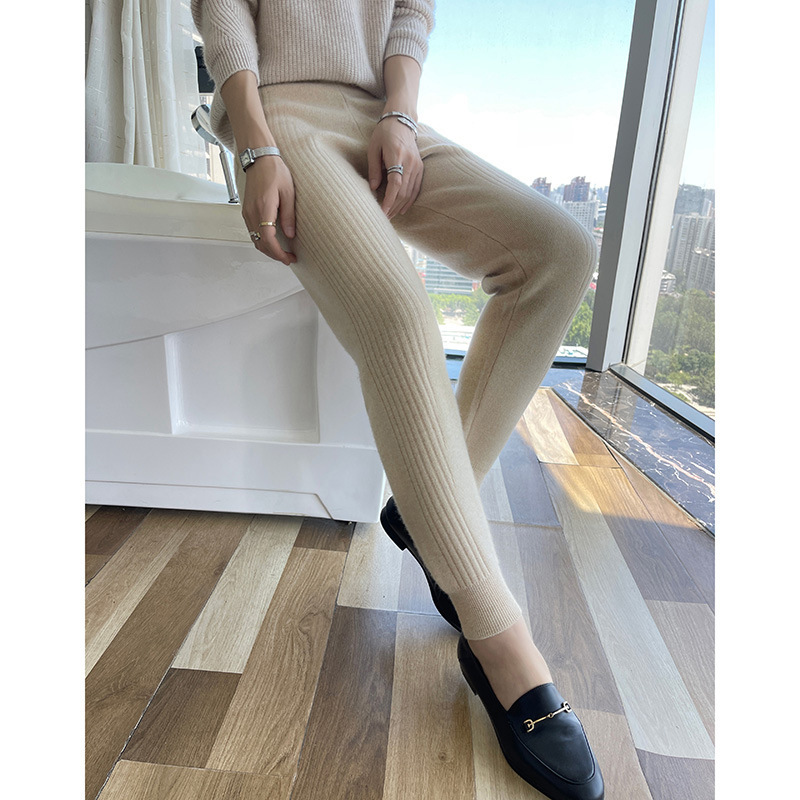 23 Autumn and Winter New Elegant Western Style Slimming Knitted Leggings Women's All-Matching Thickened High Waist Slim Fit Warm Woollen Trousers