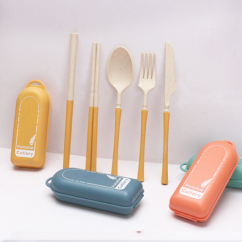 Creative Wheat Straw Vertical Pattern Tableware Set Student Outdoor Portable Folding Knife Fork Spoon and Chopsticks Straw Tableware Gift