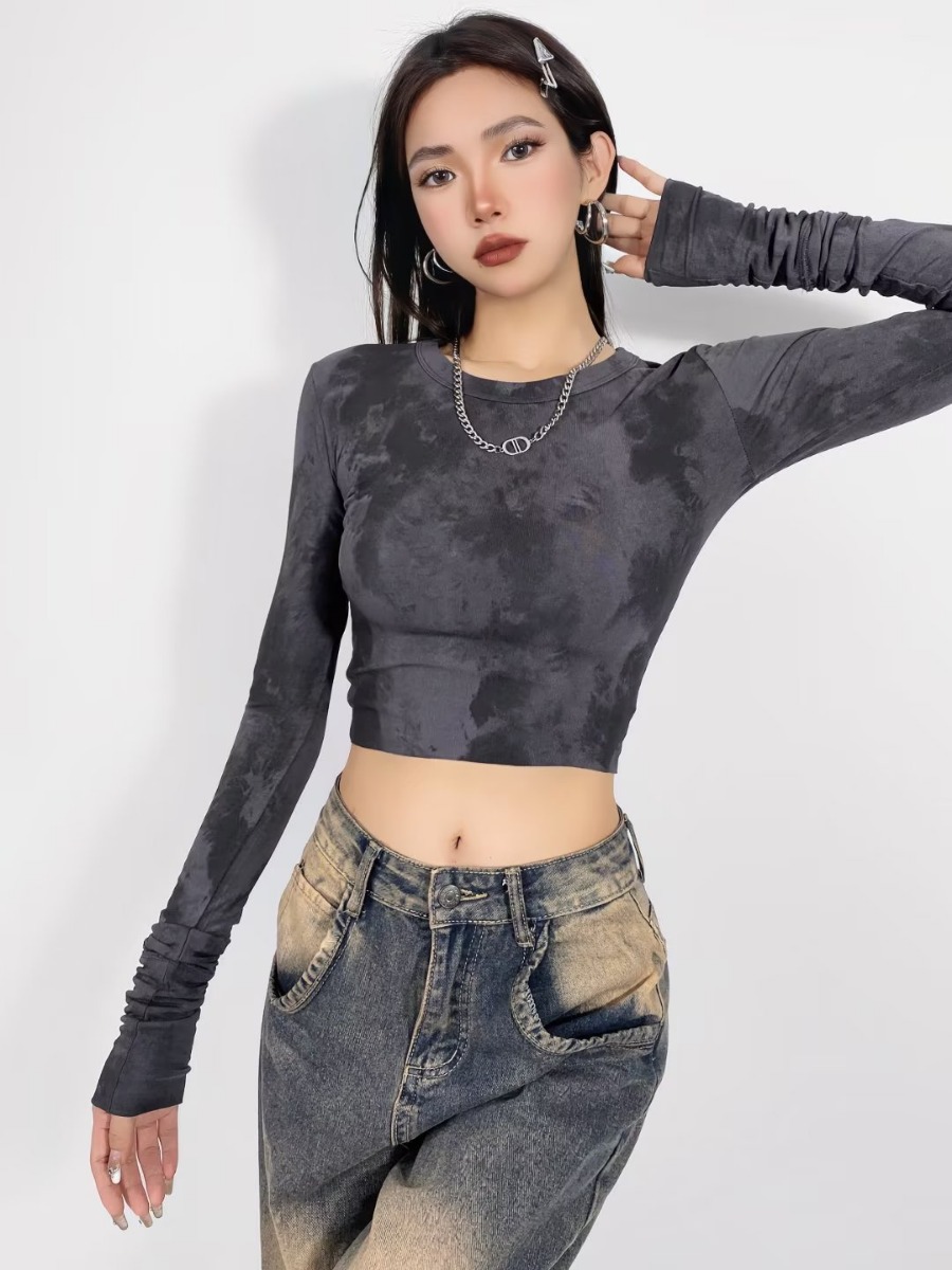 2024 Spring New round Neck Hot Girl Tie-Dye Printing Super Long Sleeves Cropped Short T-shirt Bottoming Shirt Wholesale