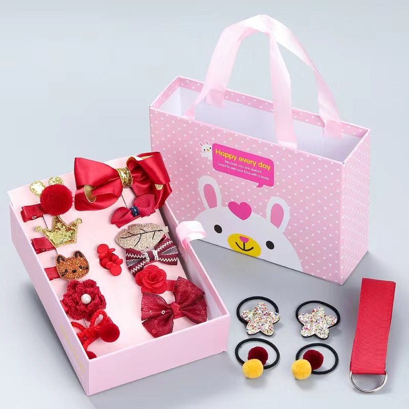 New Children's Hair Accessories Set Bow Barrettes Fabric Does Not Hurt Hairpin Gift Box 18-Piece Set Factory Wholesale