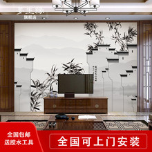 新中式墙布江南背景图酒店餐厅徽派建筑壁画中国风水墨山水画壁纸