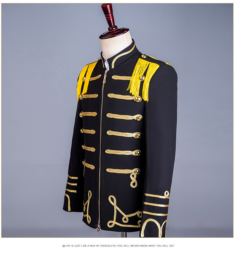 男士黑色拉链黄流苏欧洲宫廷男装夜店镶金演出服军装舞蹈表演礼服