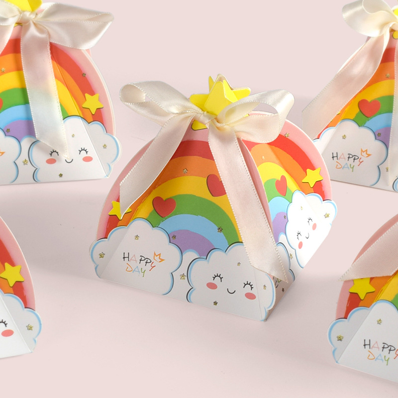 清新彩虹鲜艳彩印蝴蝶结糖果礼物包装盒现货可爱折叠包装10个/包