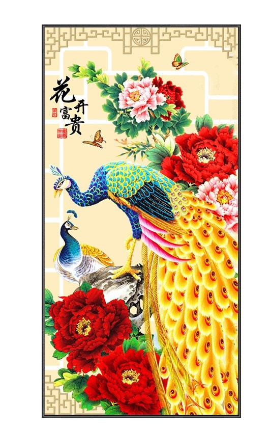 新款花开富贵孔雀牡丹花钻石绣满钻客厅竖版玄关十字绣贴粘砖石绣