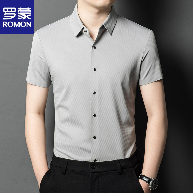 罗蒙中年男士商务休闲短袖衬衫纯色宽松polo衫夏装衬衣爸爸装
