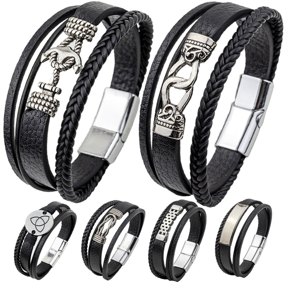 New Personalized Leather Bracelet Men's Bracelet Wholesale Fashion Titanium Steel Bracelet Stainless Steel Magnetic Snap Hand Strap Wristband