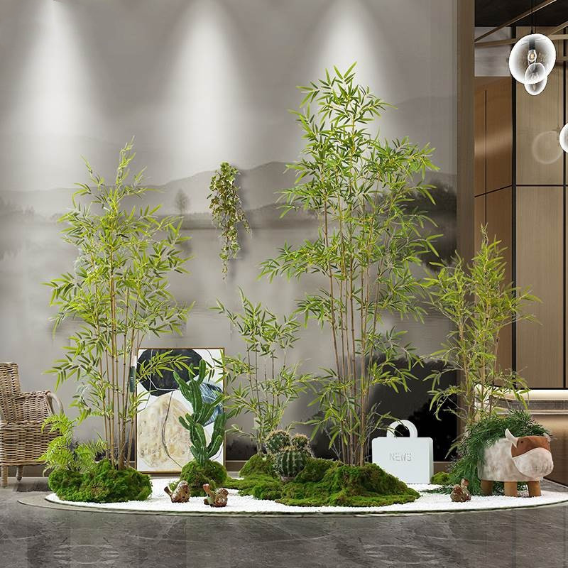 禅意仿真竹子造景南天竹盆栽扇葵大型绿植景观室内角落摆件装饰
