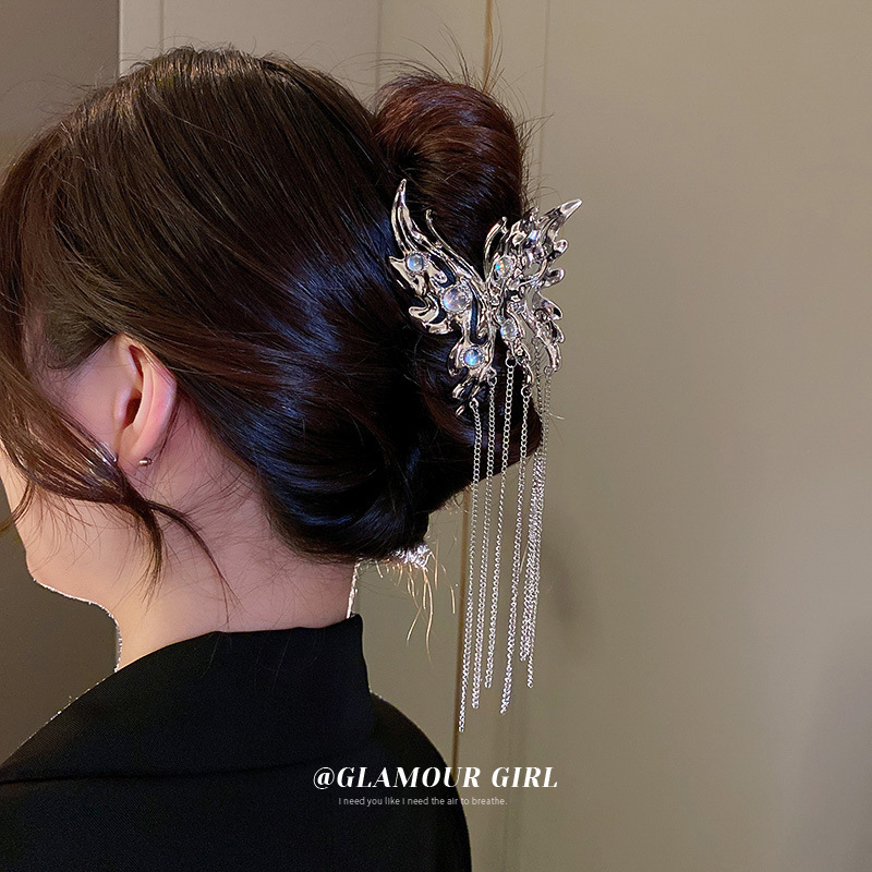 欧美月光石蝴蝶流苏发夹后脑勺盘发金属抓夹小众气质设计感发饰女