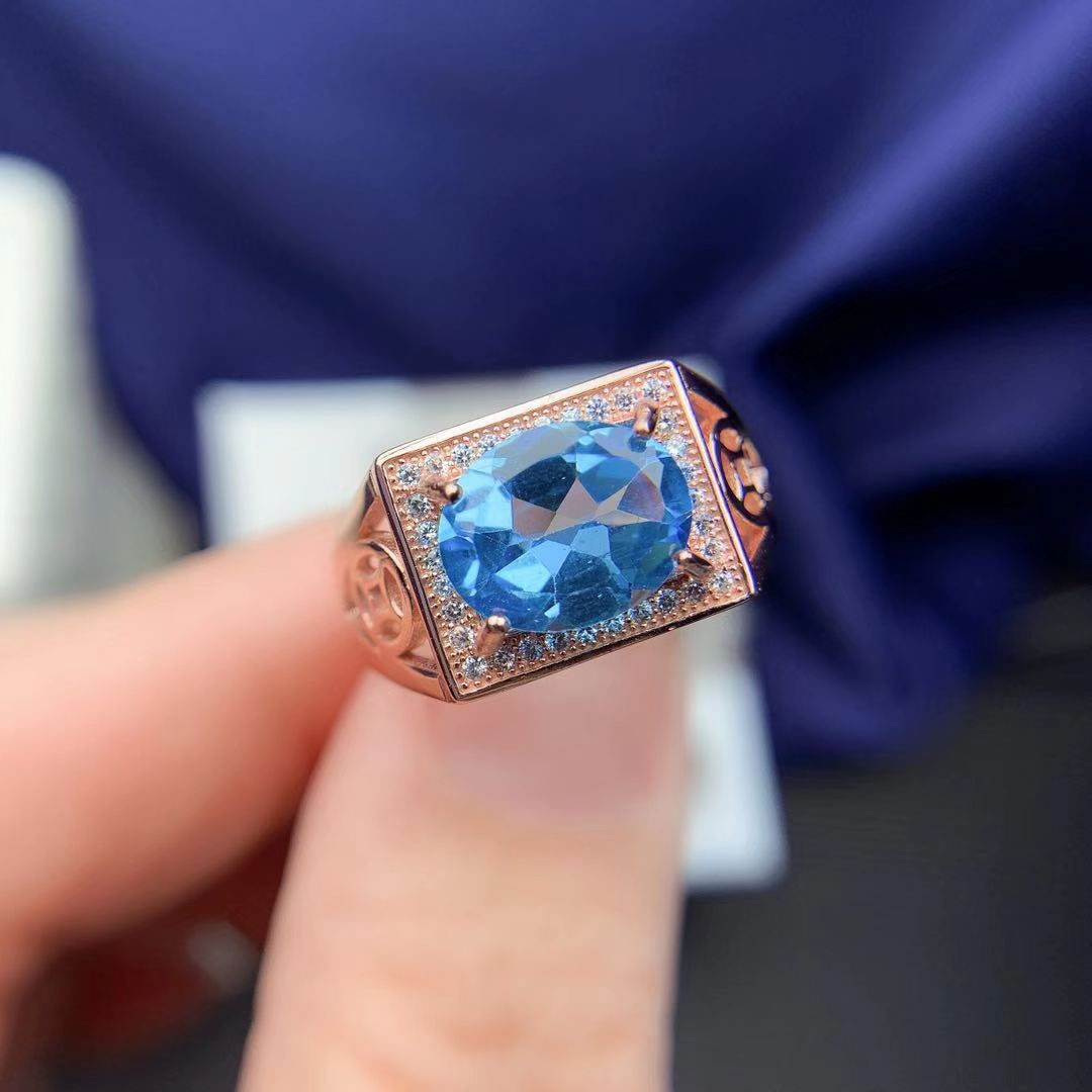 天然瑞士蓝托帕石男戒戒指925银镶嵌设计时尚女款戒指直播供货
